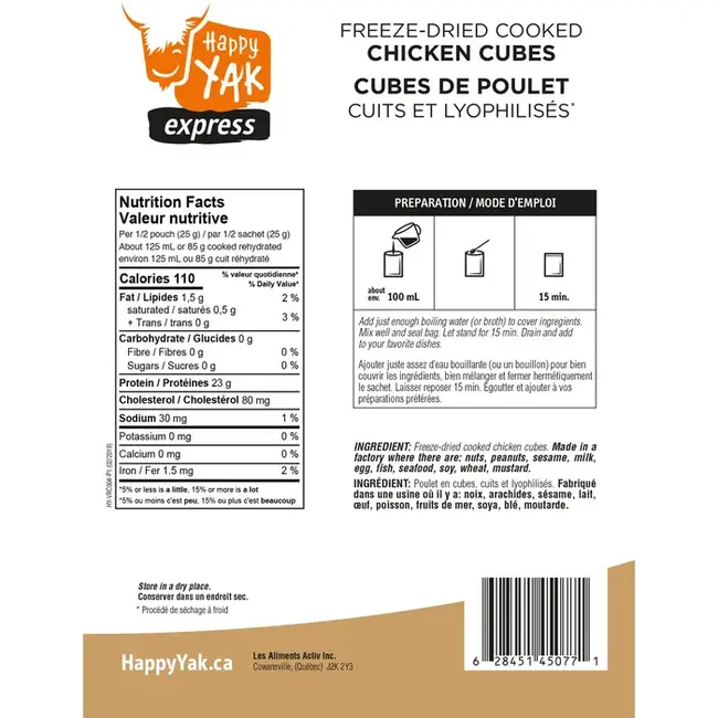 Cubes de Poulet Cuits et Lyophilises Happy Yak 50gr