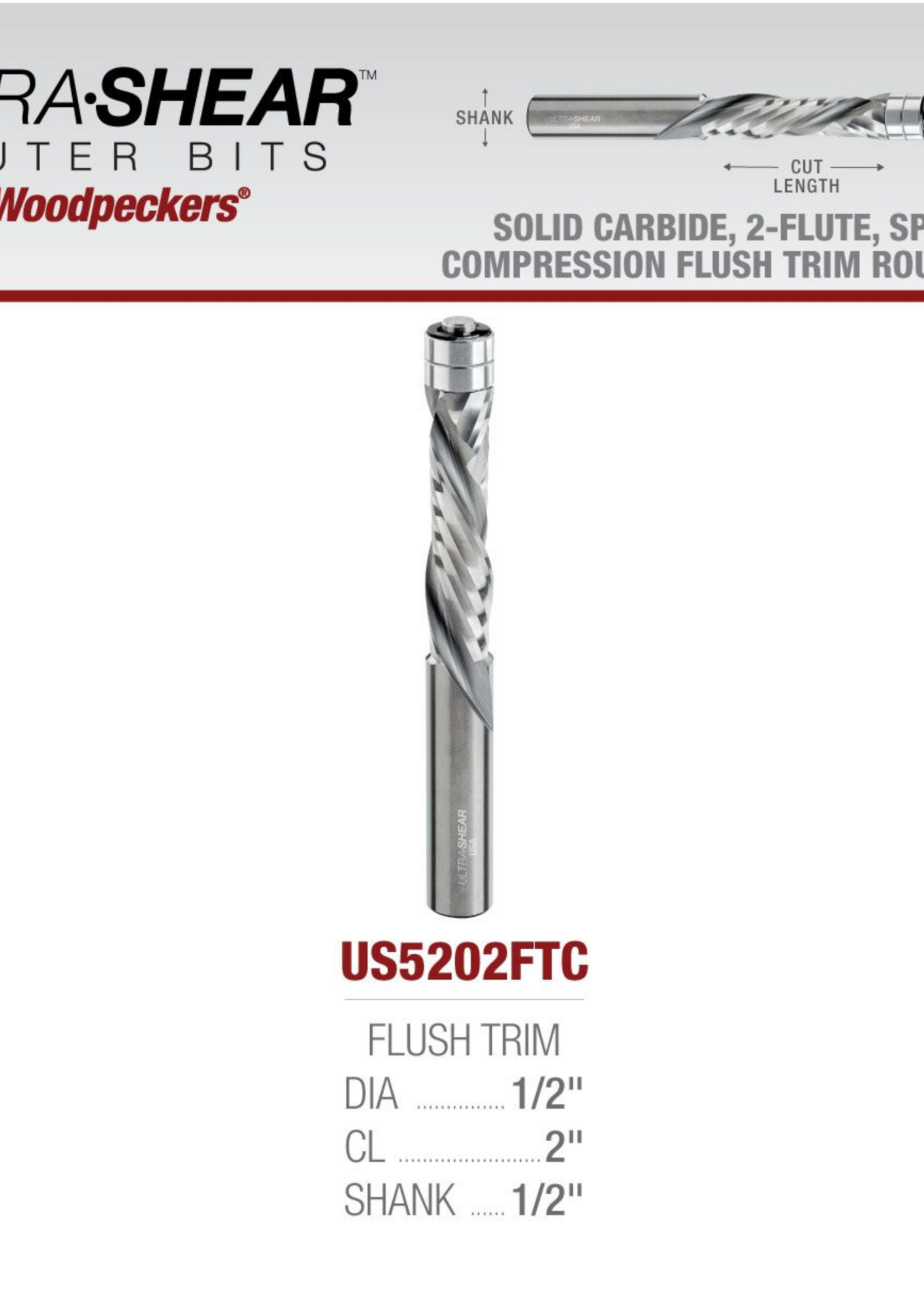 Woodpeckers Woodpeckers Ultra-Shear 2-Flute Compression Flush Trim Router Bit, 1/2" Shank, 1/2" Diameter, 2" Cutting Length