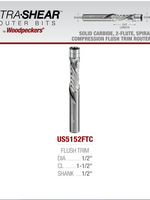 Woodpeckers Woodpeckers Ultra-Shear Solid Carbide Spiral 2-Flute Compression Flush Trim Router Bit, 1/2" Shank, 1/2" Diameter, 1-1/2" Cutting Length