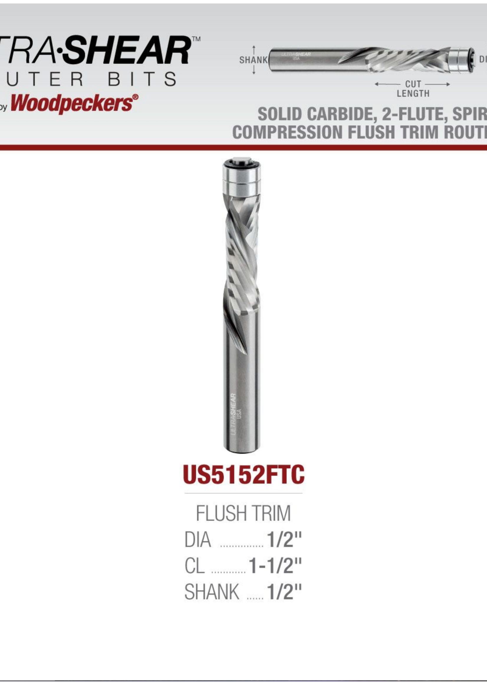 Woodpeckers Woodpeckers Ultra-Shear Solid Carbide Spiral 2-Flute Compression Flush Trim Router Bit, 1/2" Shank, 1/2" Diameter, 1-1/2" Cutting Length