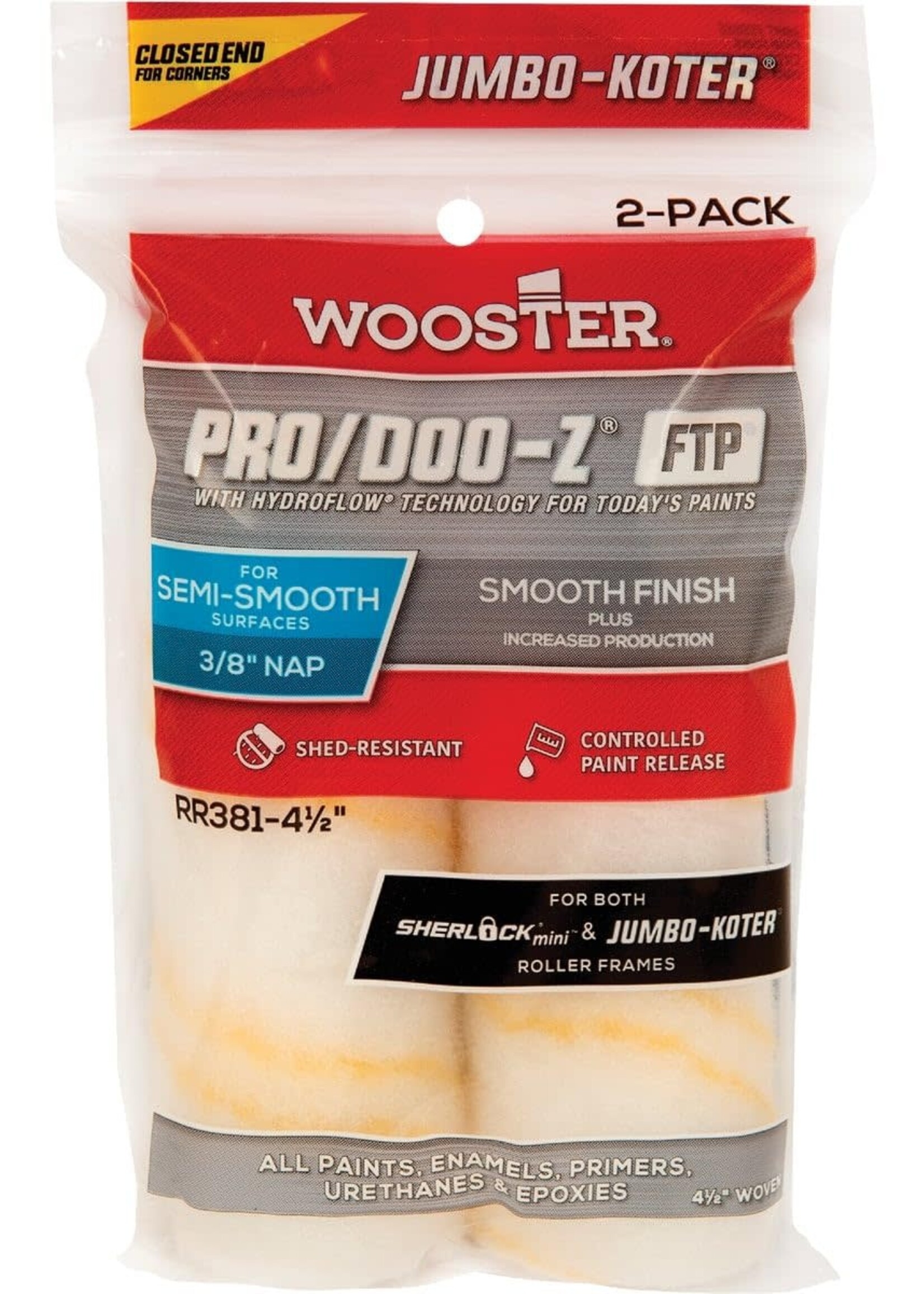 Wooster Wooster 4 1/2" Pro/Doo-Z FTP Jumbo-Koter Closed End 3/8" Nap - 2/Pack