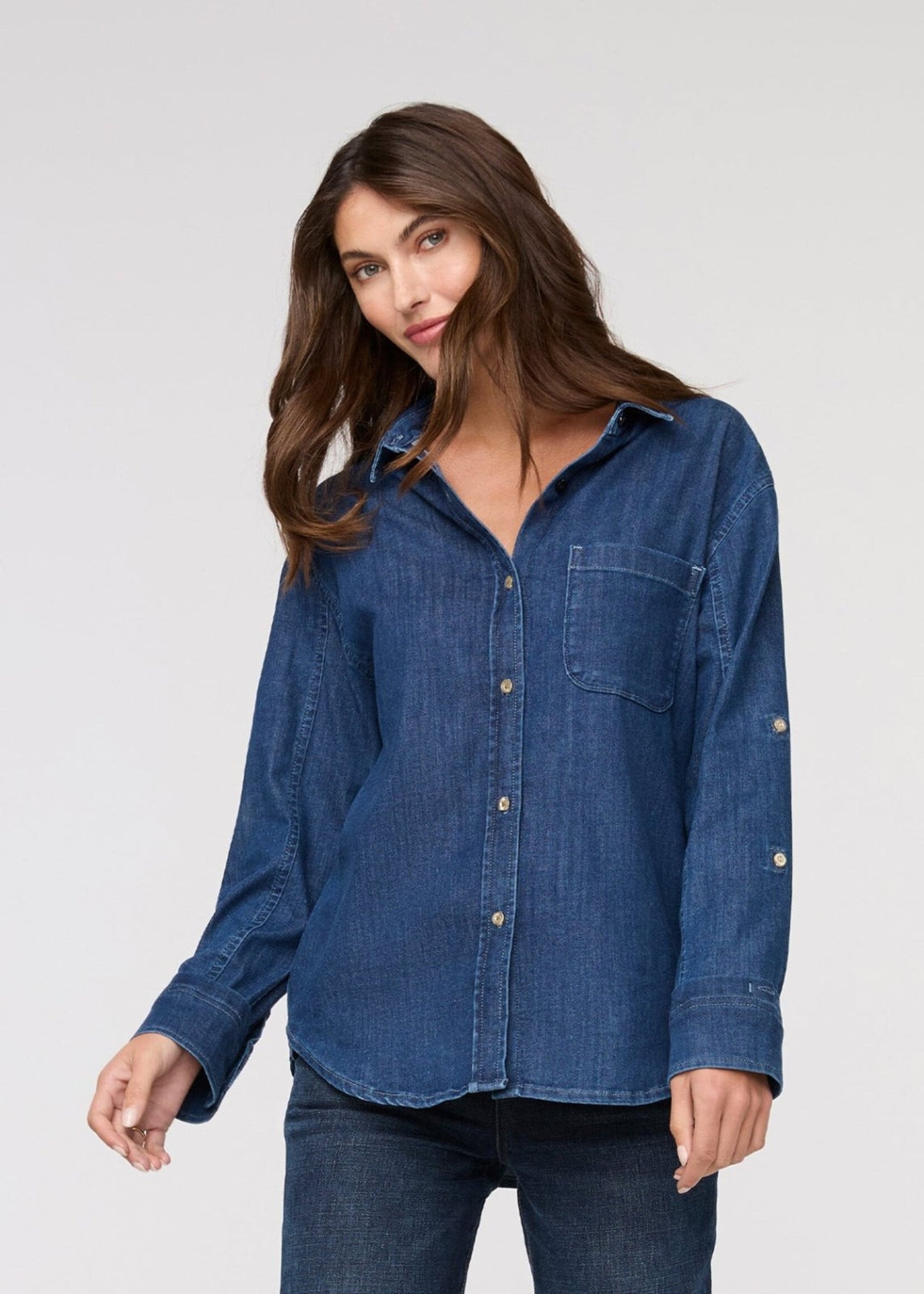 DUER WMS PERF DENIM LITE RELAXED BUTTON DOWN