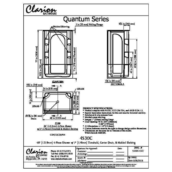 Clarion Bathware 4S30C \ 48X36 AcrylX with ArmorCore 4PC SHOWER WH EZ-PIN