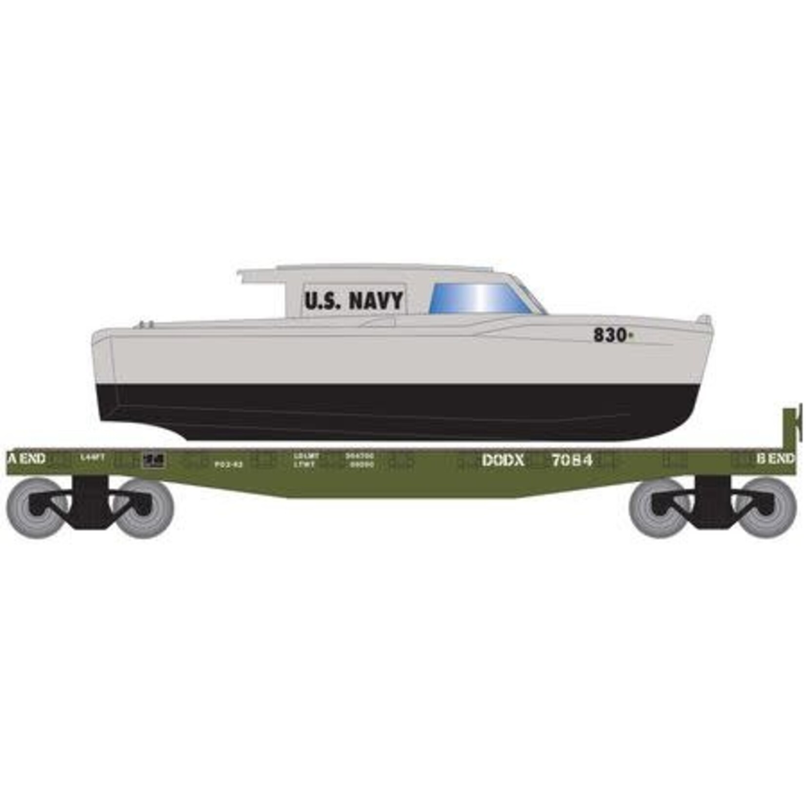 Roundhouse 2301 HO 40' Flat w/Navy Boat, DODX 7084