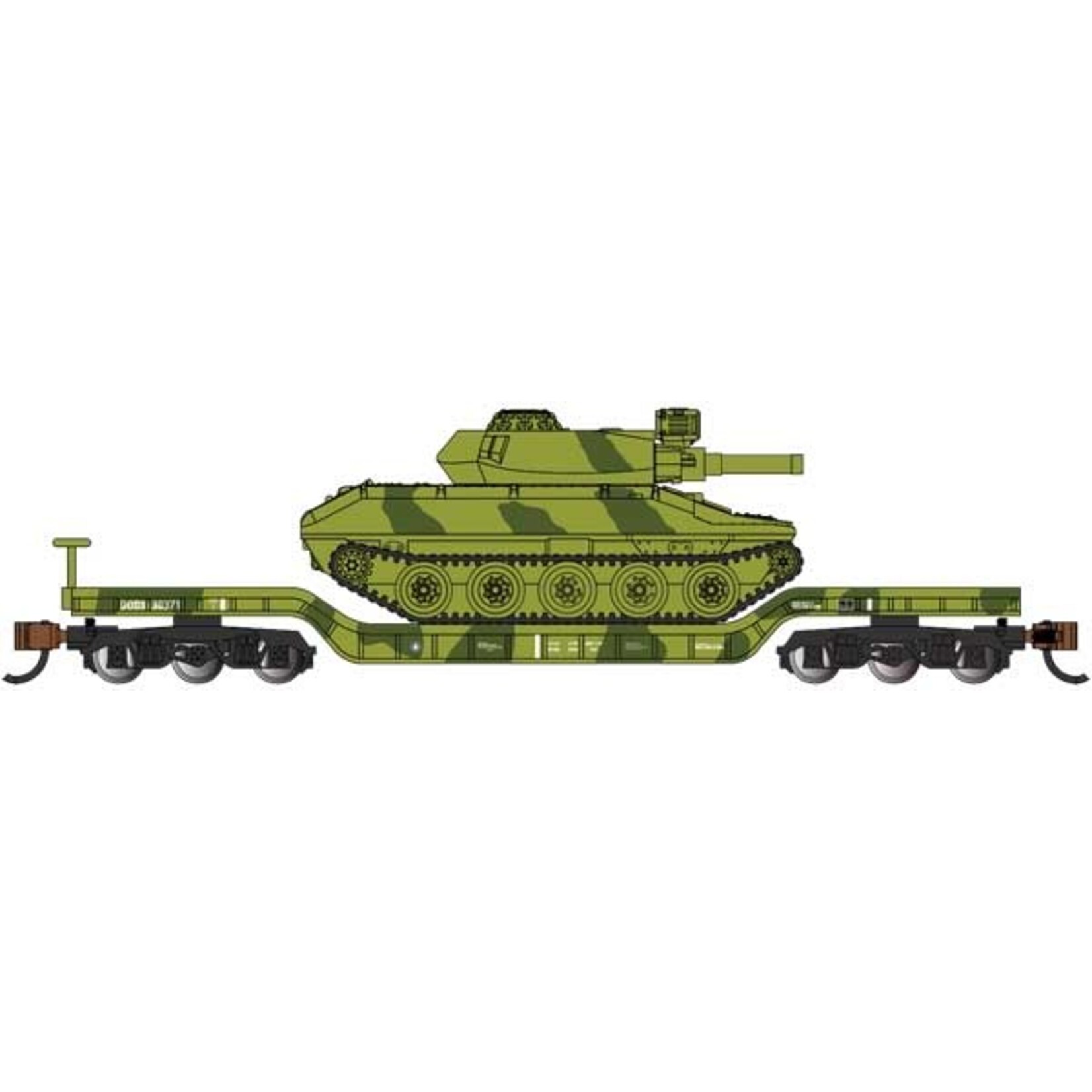 Bachmann 71388 N 52' Center-Depressed Flat Car - Green Camo with Sheridan