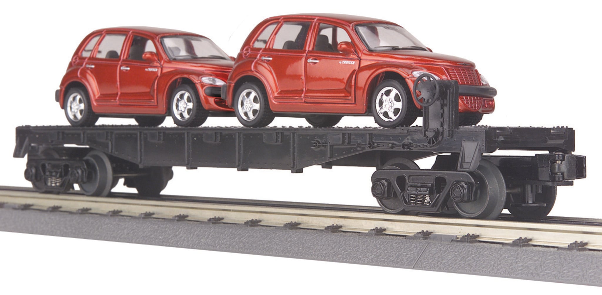 3076039 O Auto Transportation Flat Car with 2 Red PT Cruisers