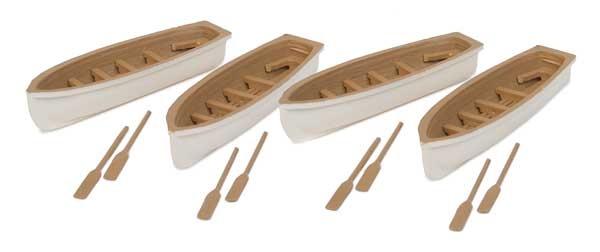 9494163 HO Row Boat 4-Pack - Assembled -- White, Tan