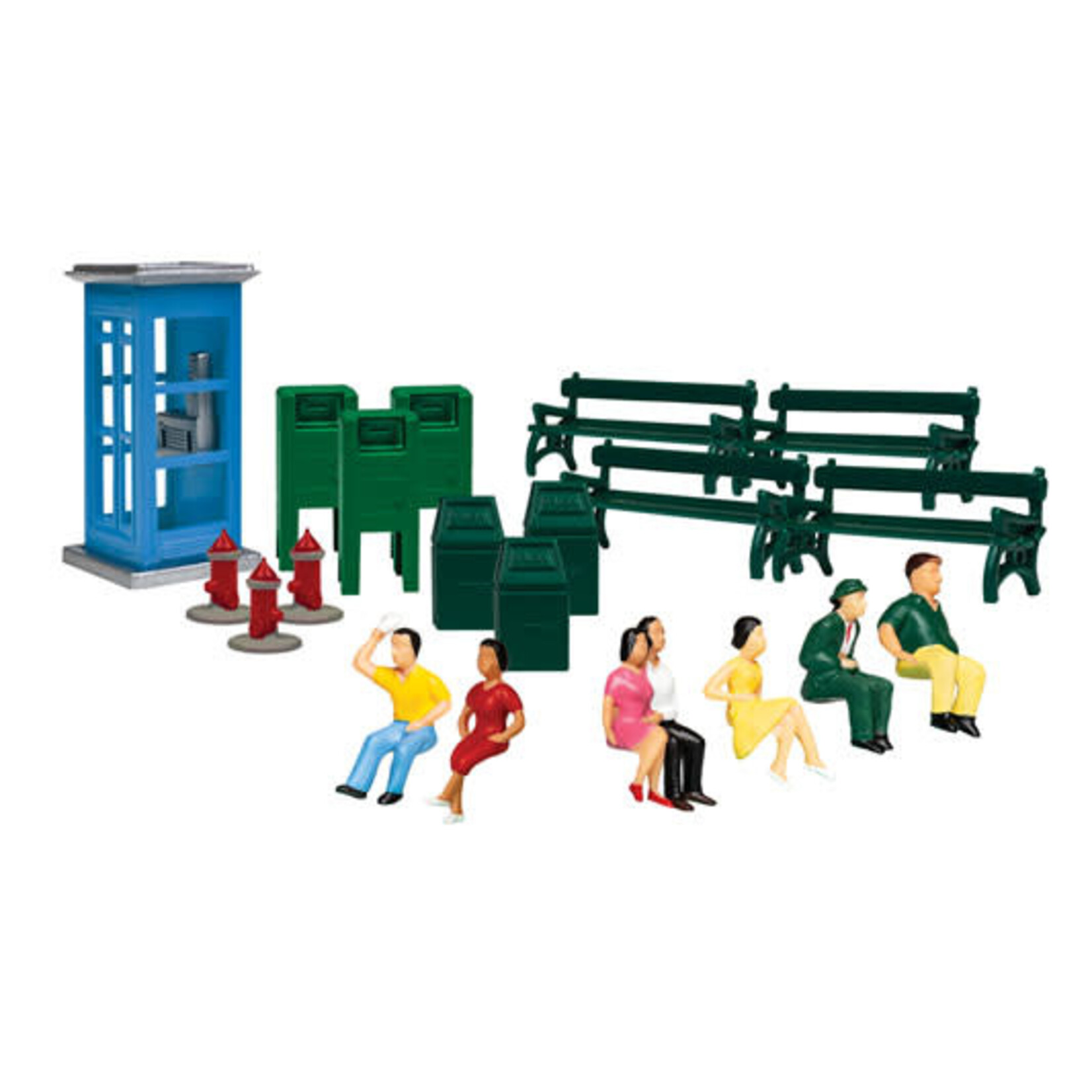 Lionel 1957260 HO Sidewalk Scenes - Phone Booth, Mail Boxes, Fire Hydrants, Trash Cans, and Sitting Figures