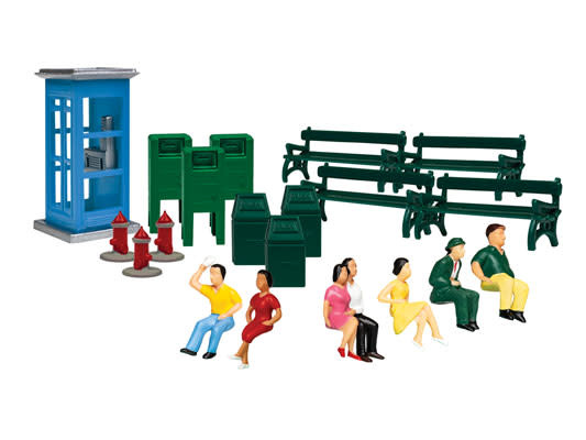 1957260 HO Sidewalk Scenes - Phone Booth, Mail Boxes, Fire Hydrants, Trash Cans, and Sitting Figures
