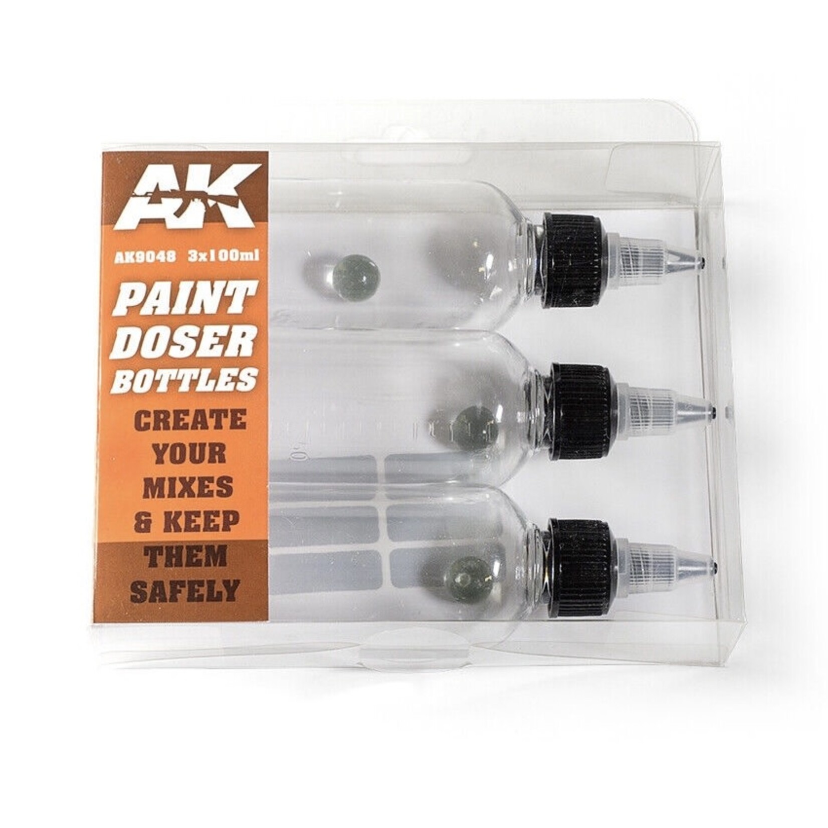 AK Interactive 9048 Paint Doser 100ml Bottles w/Shaker Ball (3)