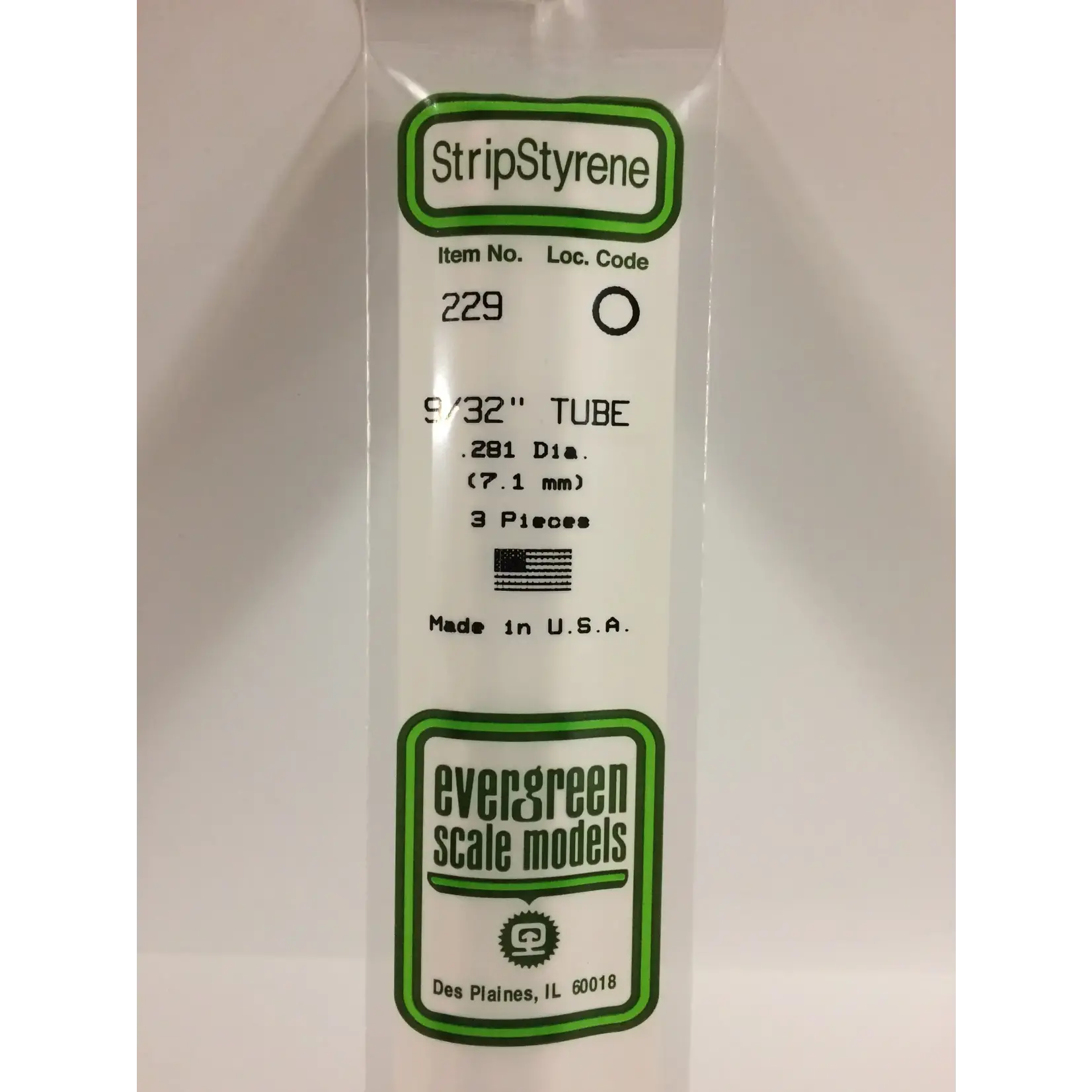 Evergreen 229 Styrene Tube .281" Dia 3/