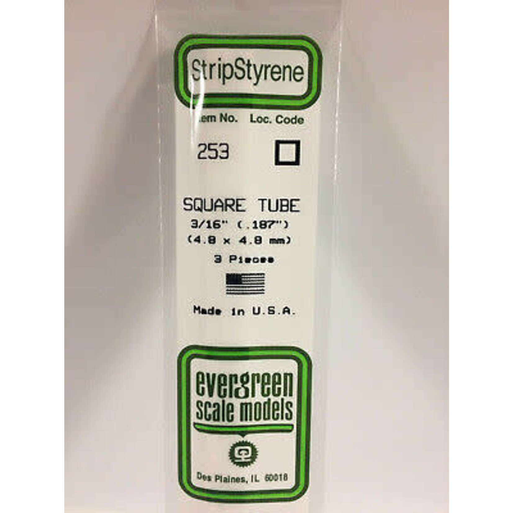 Evergreen 253 Styrene Square Tube .187" 3/