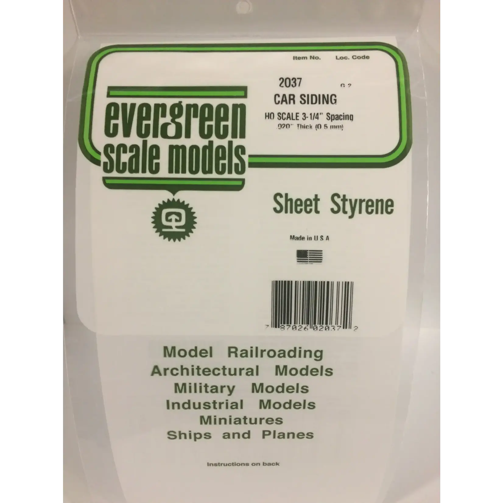 Evergreen 2037 Styrene Car Siding - 6 x 12" Sheet; Scale 3-1/4" Spacing