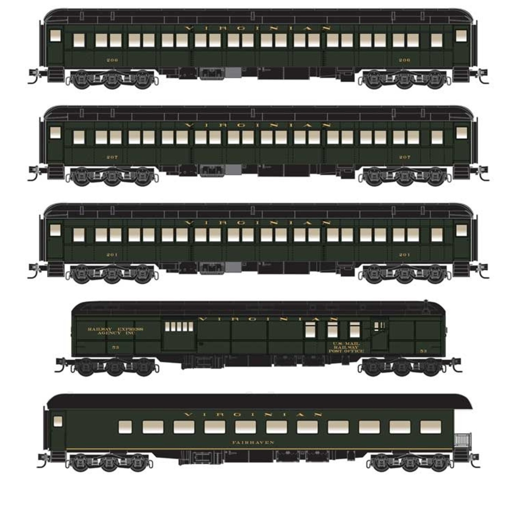 Micro Trains Line 99300196 N Heavyweight Passenger 5-Car Set Virginian w/ Foam Nest