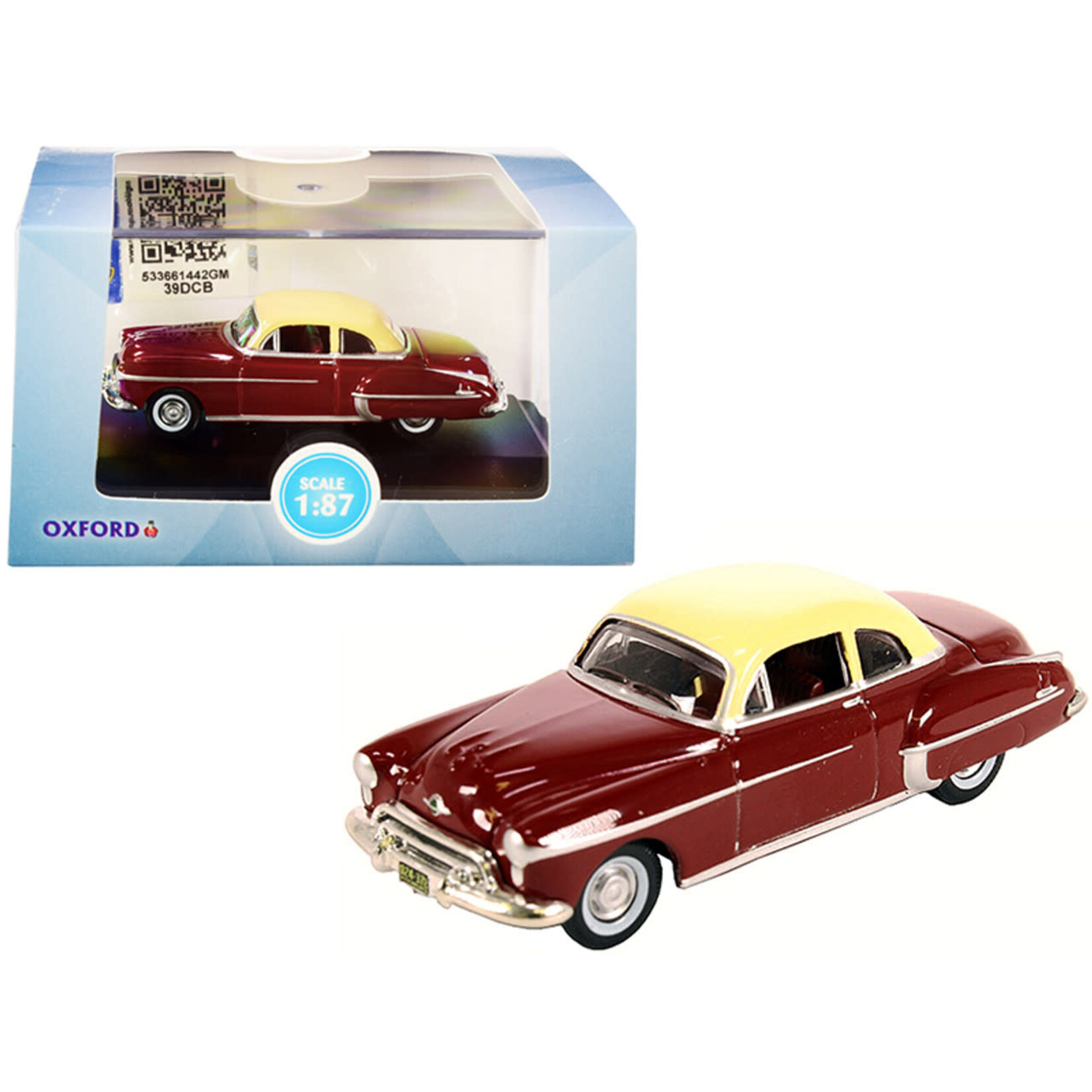 Oxford Diecast 87OR50001 HO 1950 Oldsmobile Rocket 88 Coupe - Chariot Red, Canto Cream