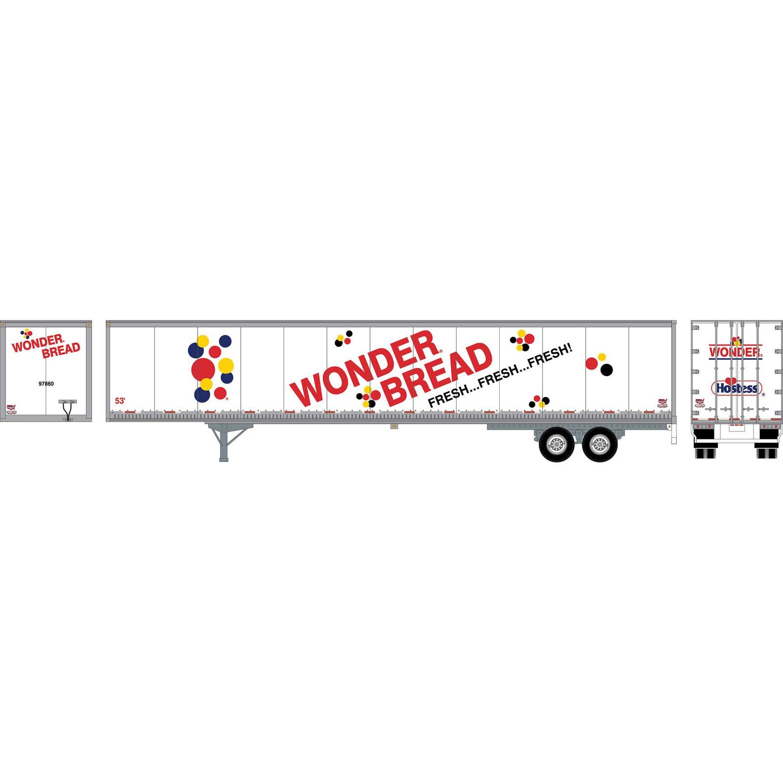 72818 HO RTR 53' Wabash Plate Trailer Wonder Bread 97860