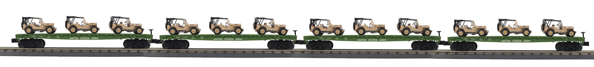 3070124 O US Army Flatcar w/ Jeep Willys Desert- 4 Pack