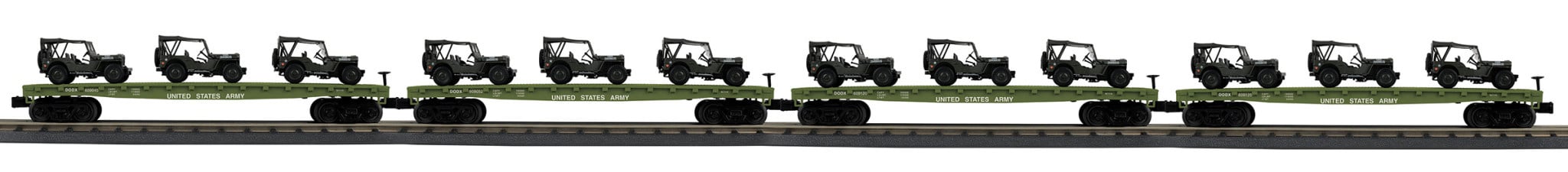 3070123 O US Army Flatcar w/ Jeep Willys Olive - 4 Pack
