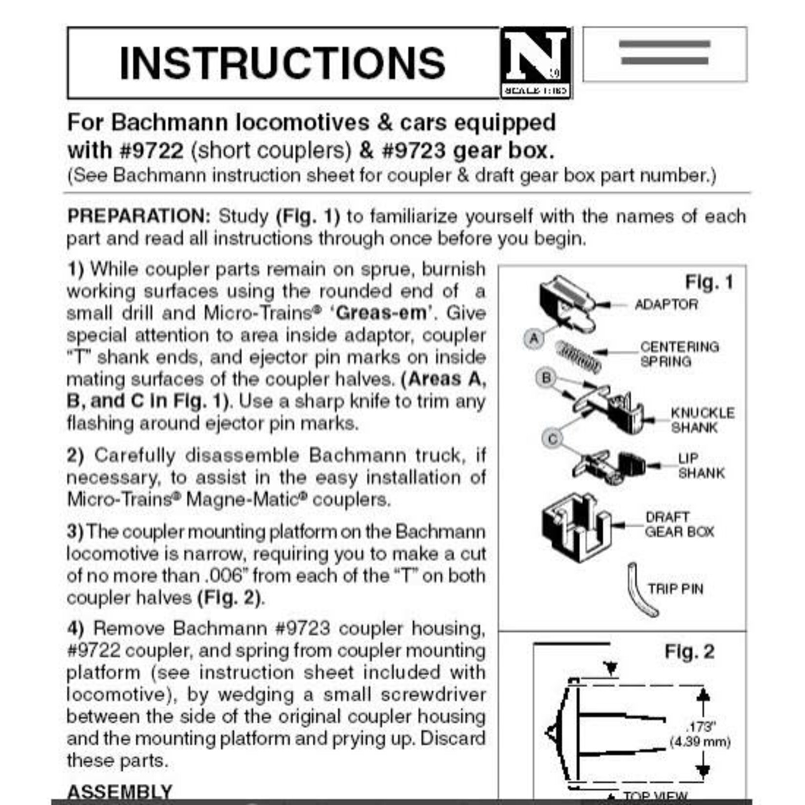 Micro Trains Line 00133030 N Short Shank Coupler Assemblies - Newer Bachmann 2 Pair