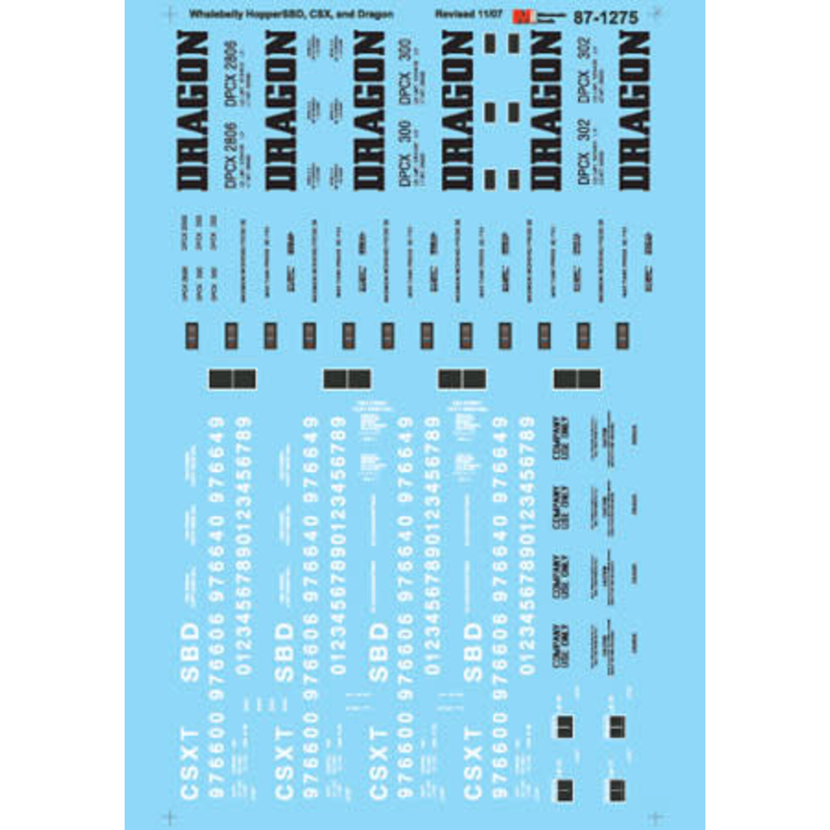 Micro Scale 87-1275 HO Scale - Whalebelly Hopper, SBD & CSX Series 976600-976649 & Dragon Series 2806, 300 & 302 Decals