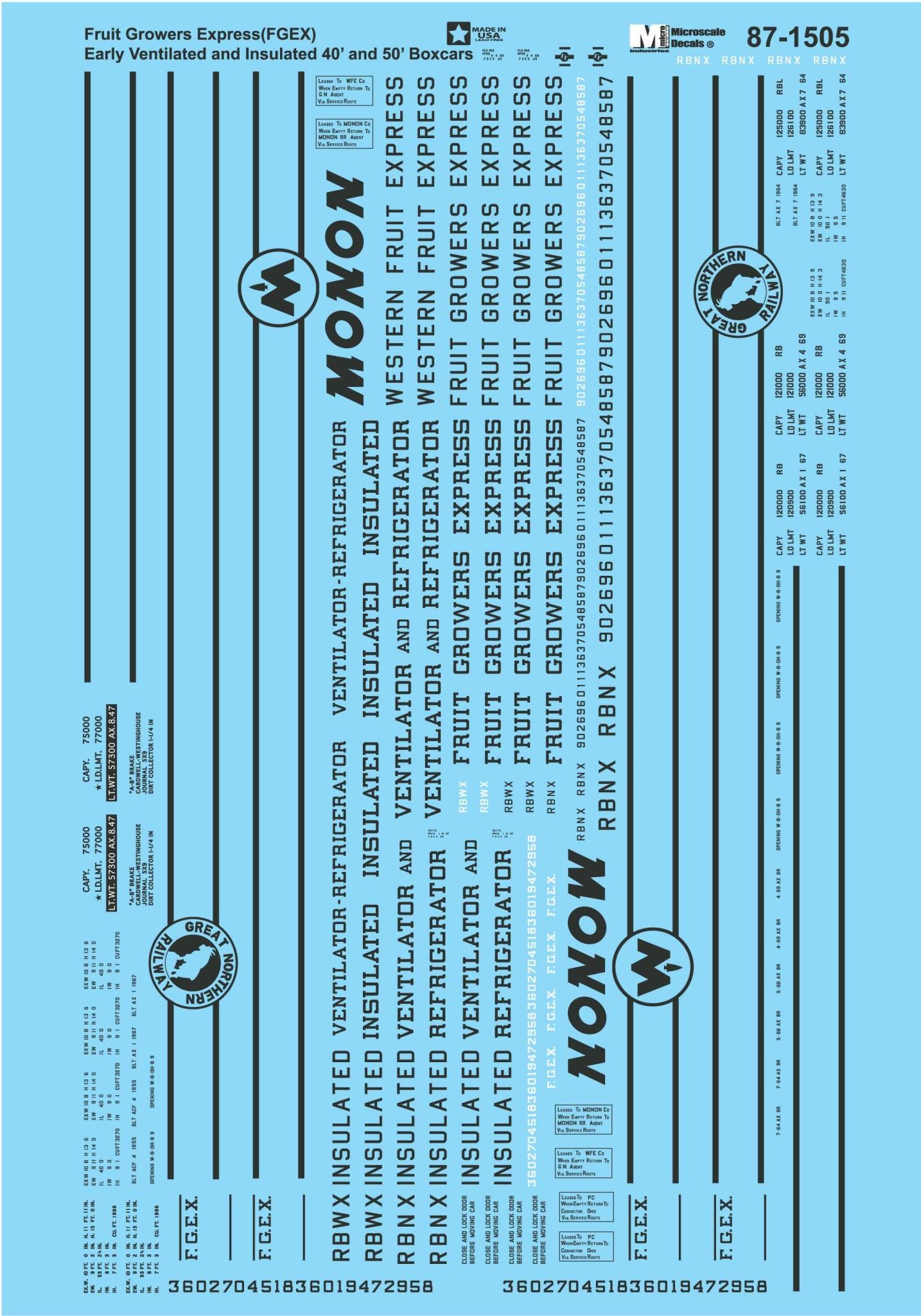 87-1505 HO Scale - Fruit Growers Express (FGEX) Decals