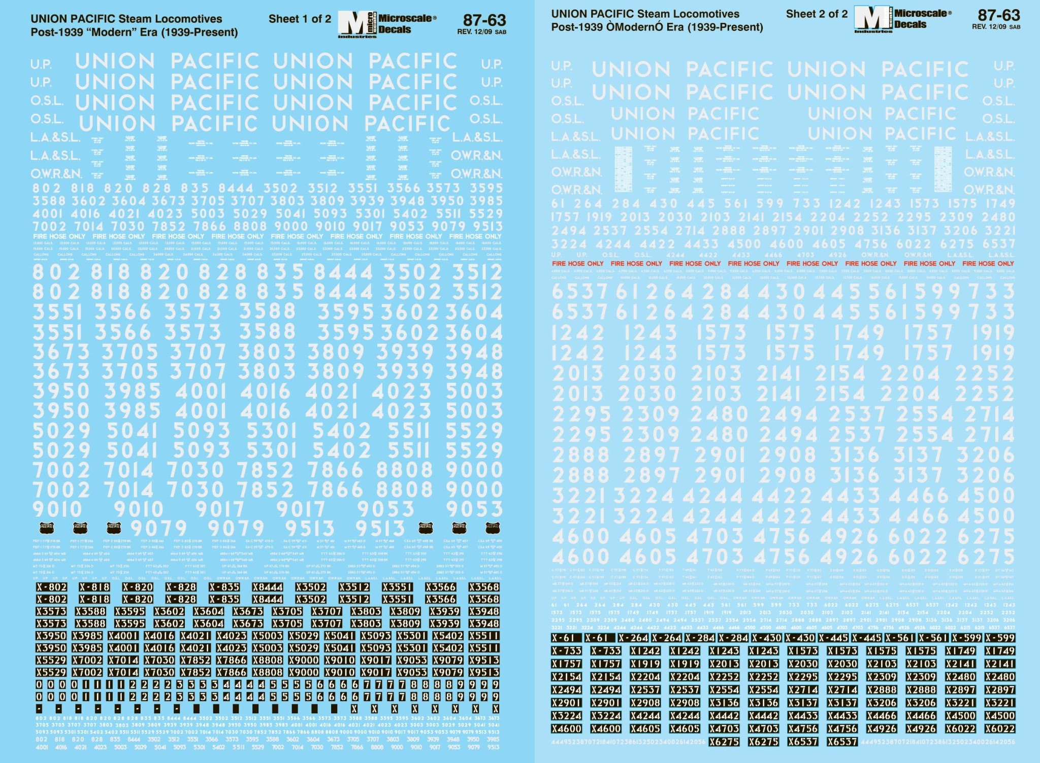 87-63 HO Scale - Silver - Union Pacific Steam Locomotives (works for Big Boy) Decals