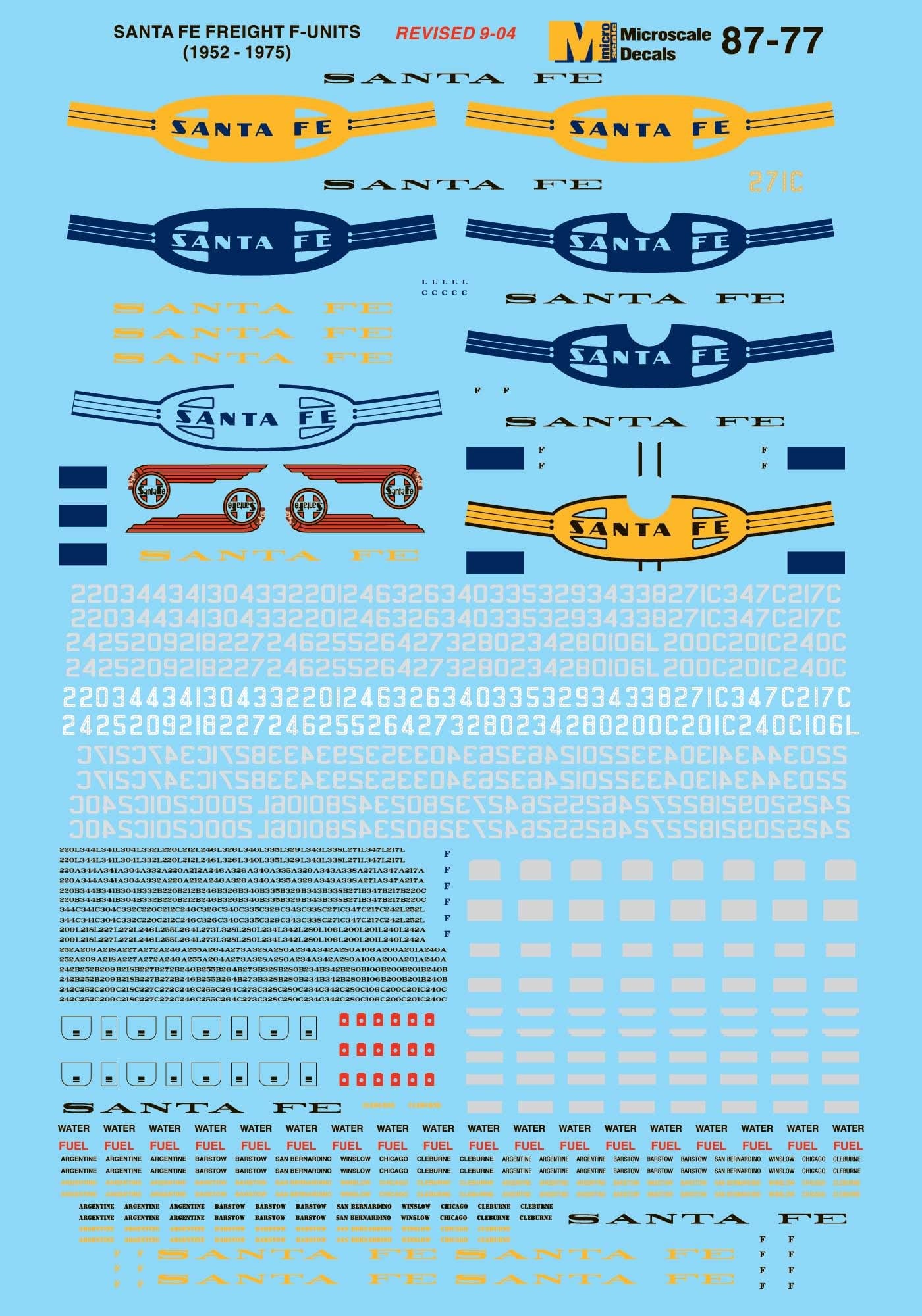 87-77 HO Scale - Santa Fe PA Diesels (1946-1969) Diesel - PA / PB Decals