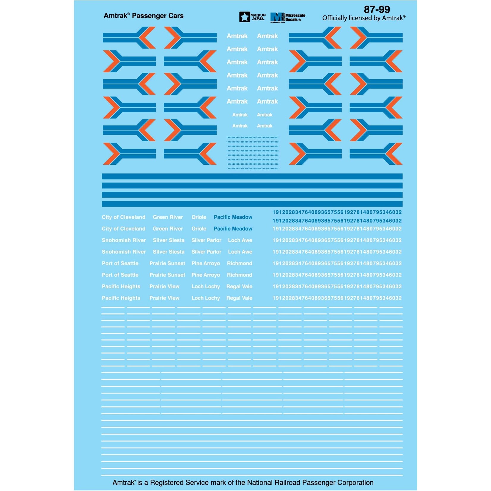 Micro Scale 87-99 HO Scale - Amtrak Passenger - No red stripes with this item - Phase I - Heritage Decals