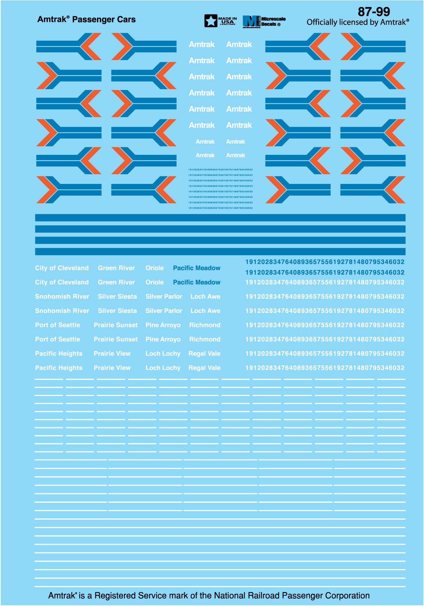 87-99 HO Scale - Amtrak Passenger - No red stripes with this item - Phase I - Heritage Decals