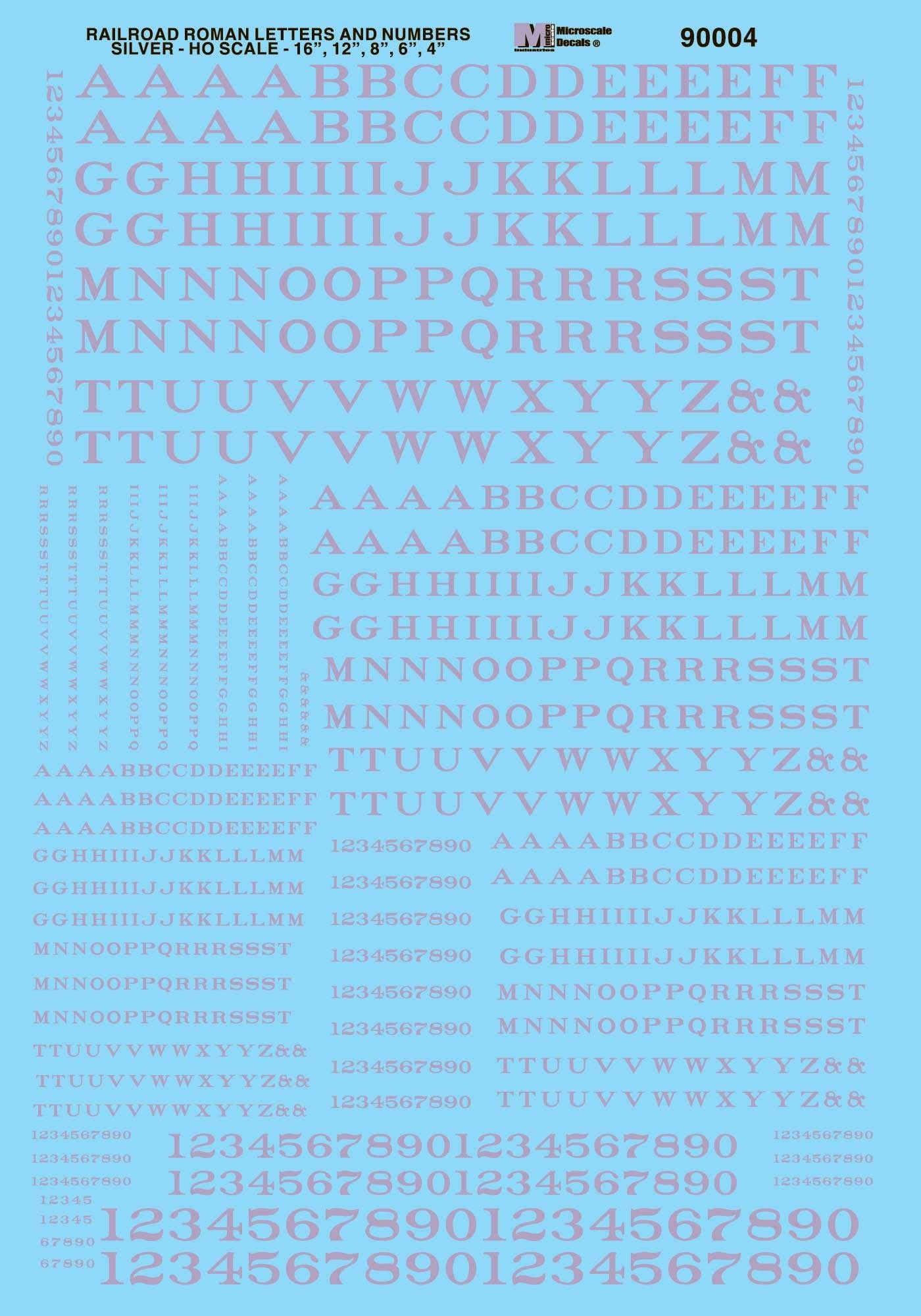 90004 HO Scale - Alphabets Alphabets - Railroad Roman - Silver Decals