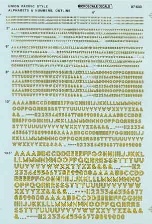 90176 HO Scale - Union Pacific Alphabets - Gothic - Yellow with Black Outline Decals