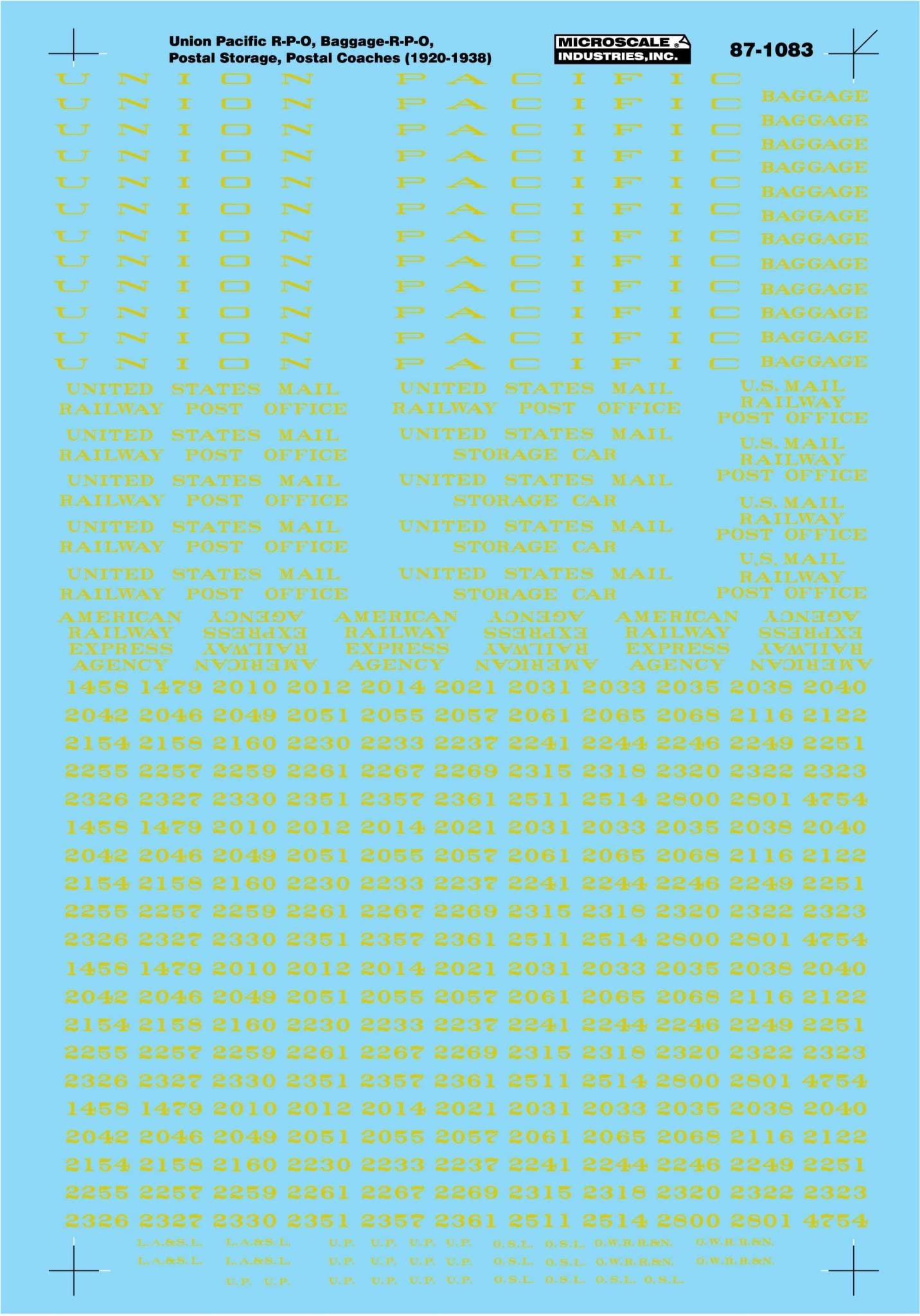 87-1083 HO Scale - Union Pacific Passenger Car - Postal Coach - Green Scheme Decals