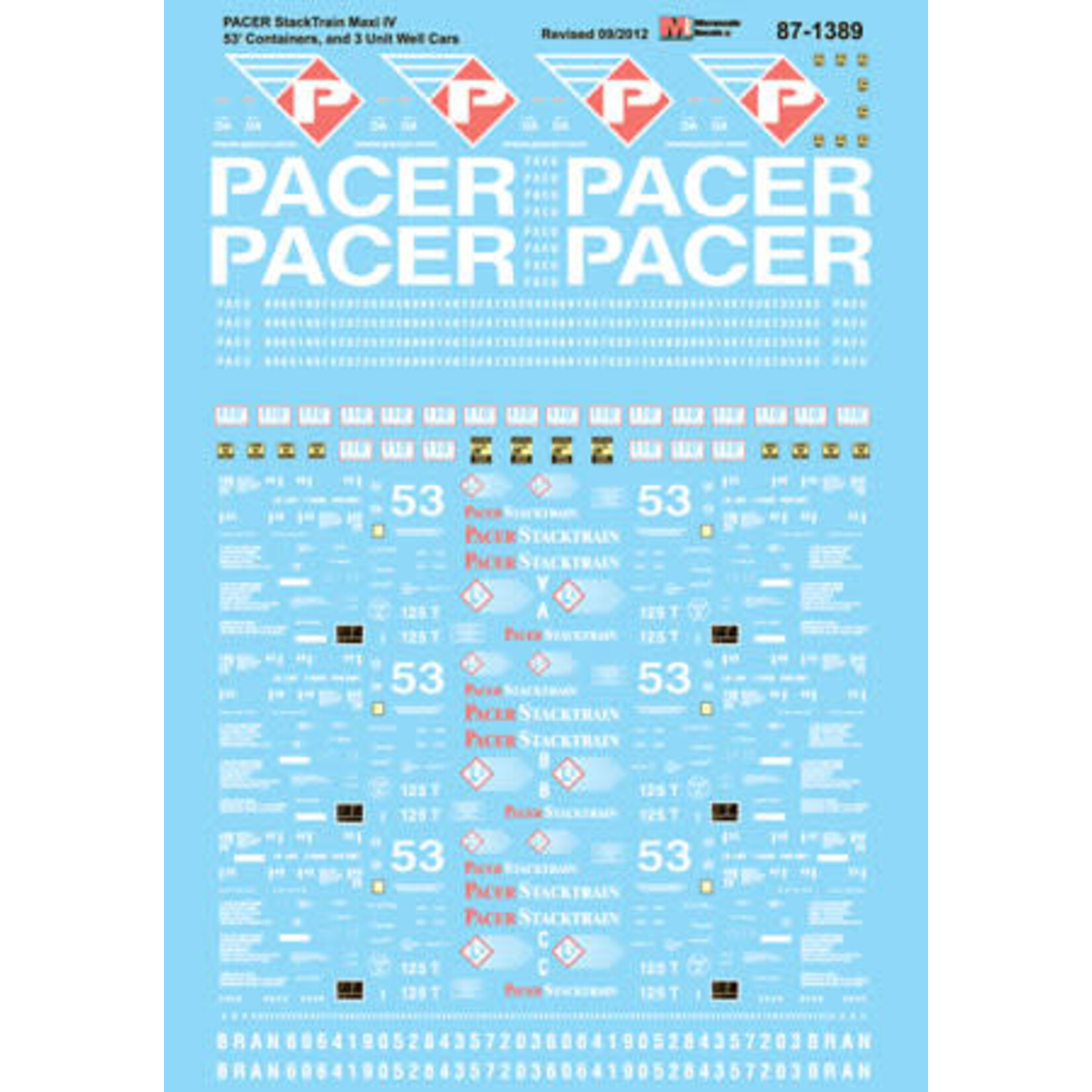 Micro Scale 60-1389 N Scale - PACER Stack Train Maxi IV-53' Containers and 3 Unit Well Cars Decals