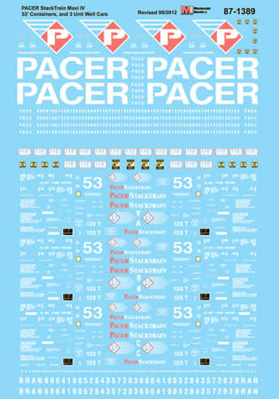 60-1389 N Scale - PACER Stack Train Maxi IV-53' Containers and 3 Unit Well Cars Decals