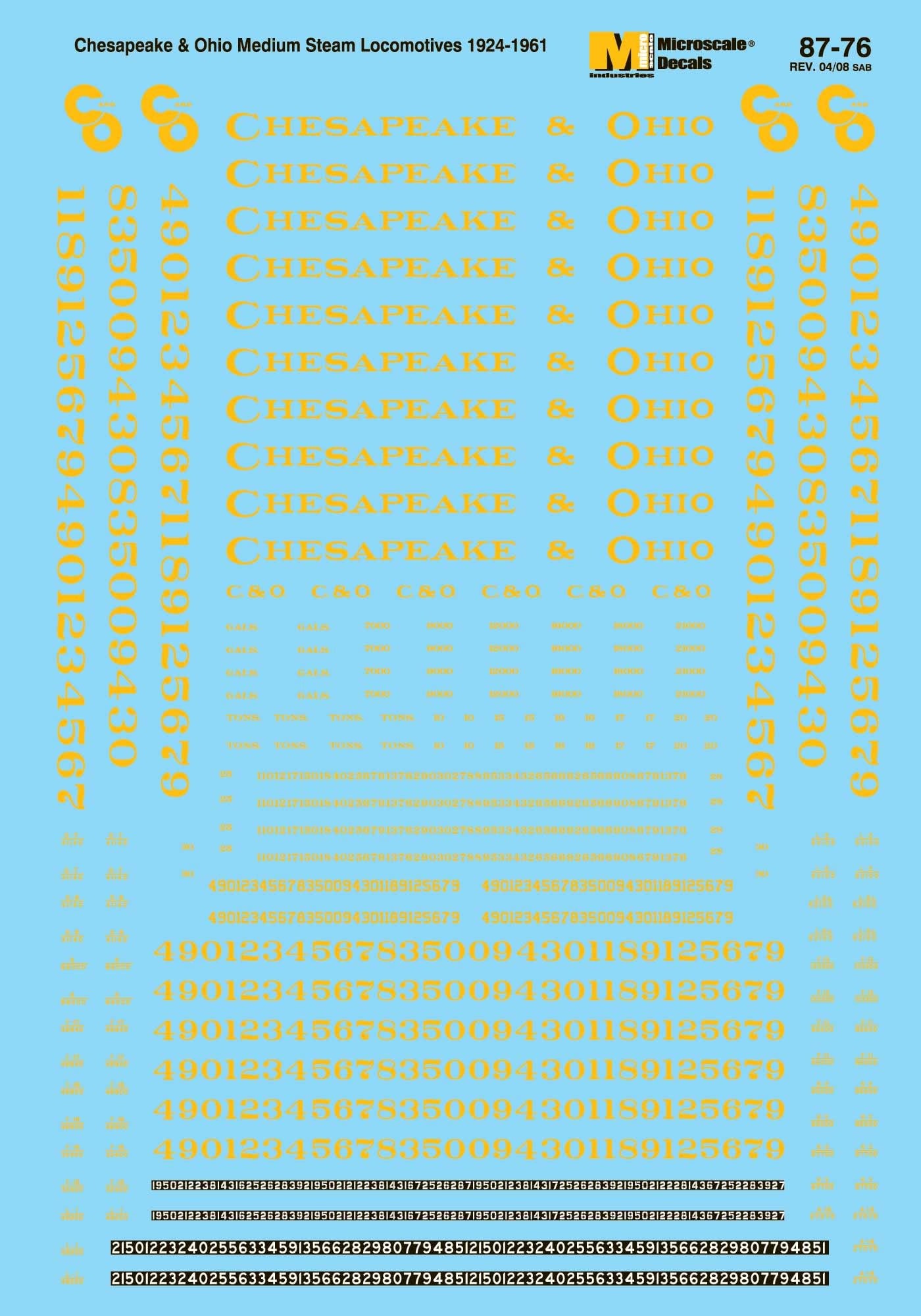 60-76 N Scale - Chesapeake & Ohio Steam Locomotives (1924-1961) Dulux Steam Locomotive - Medium Decals