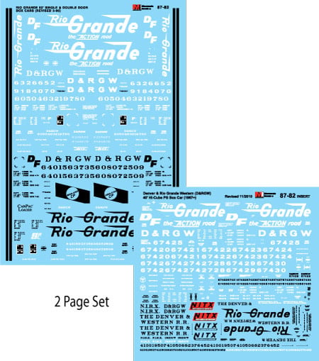 60-82 N Scale - Rio Grande D&RGW - 50' Single & Double Door Boxcars Decals