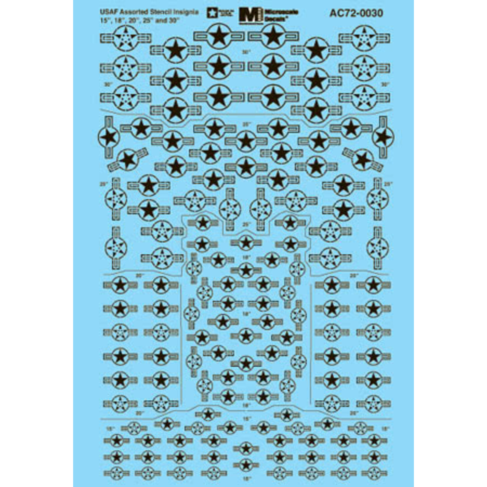 Micro Scale AC72-0030 1/72 Scale USAF Assorted Stencil Insignia 15 , 18 , 20 , 25 , 30