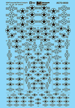 AC72-0030 1/72 Scale USAF Assorted Stencil Insignia 15 , 18 , 20 , 25 , 30