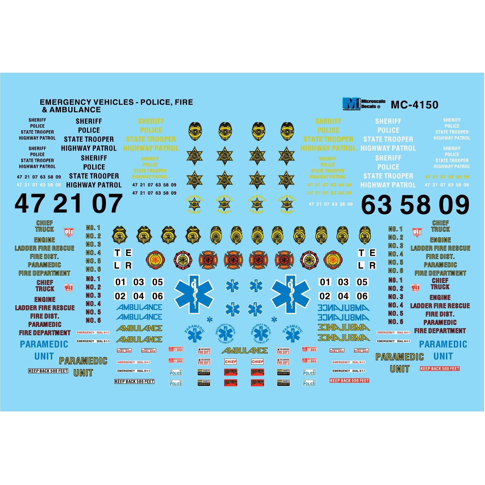 Micro Scale MC-4150 HO Scale - Emergency Vehicles - Ambulance, Fire, Police 1970+ Decals