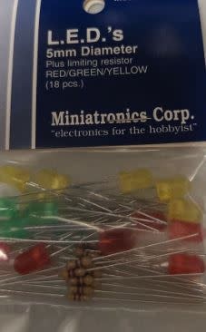 12-050-18 5mm Red, Green, Yelllow LEDs - 18 Pack w/Resistors