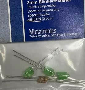12-132-03 3mm Blinker/Flasher Green LED -3 Pack w/Resistors