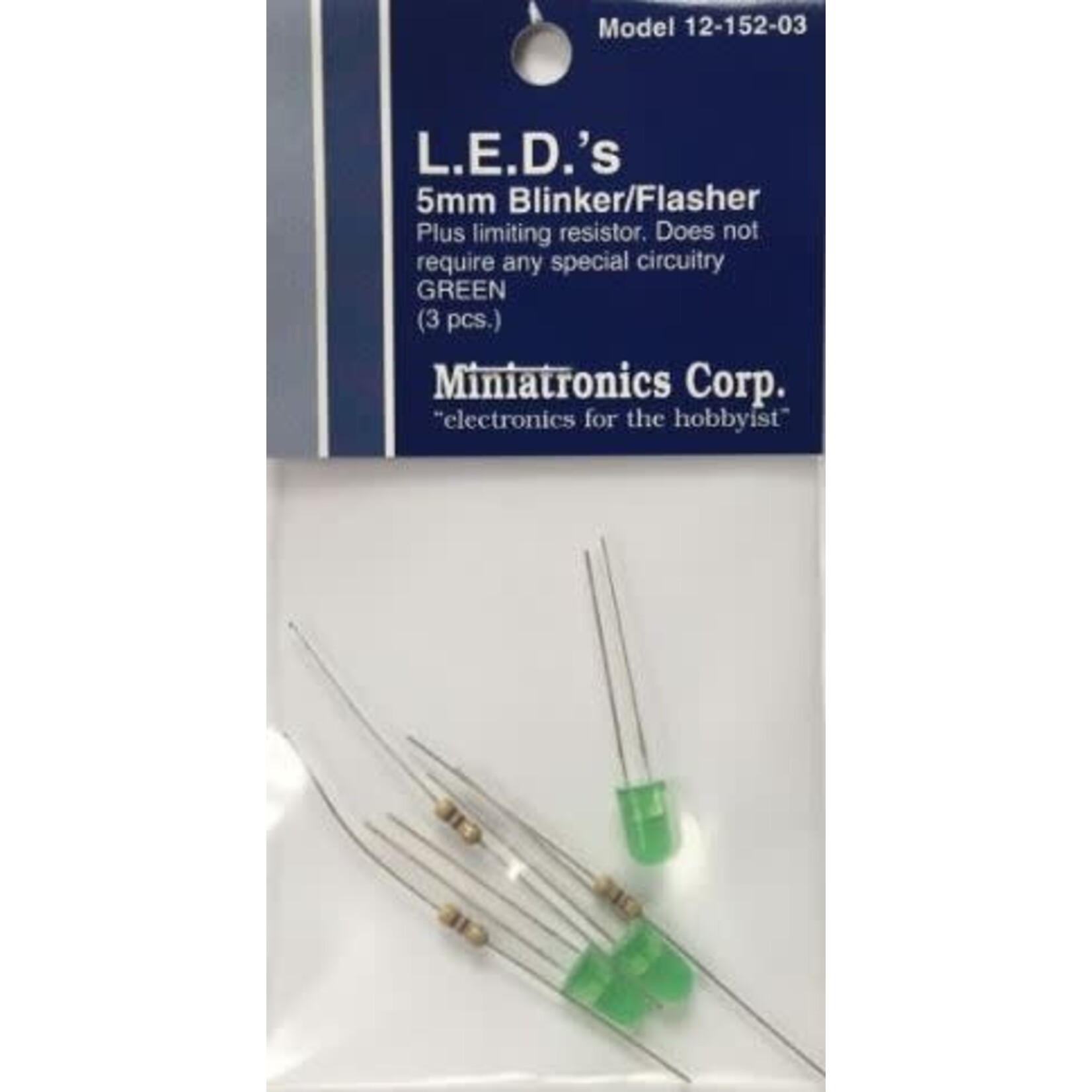 Miniatronics 12-152-3 5mm Blinker/Flasher Green LEDs - 3 Pack w/Resistors