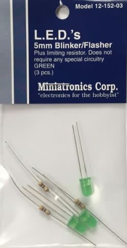 12-152-3 5mm Blinker/Flasher Green LEDs - 3 Pack w/Resistors
