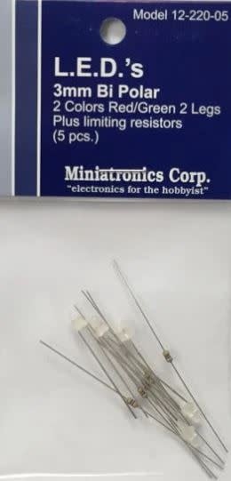 12-220-05 3mm Bi Polar Red, Green LEDs - 5 Pack w/Resistors