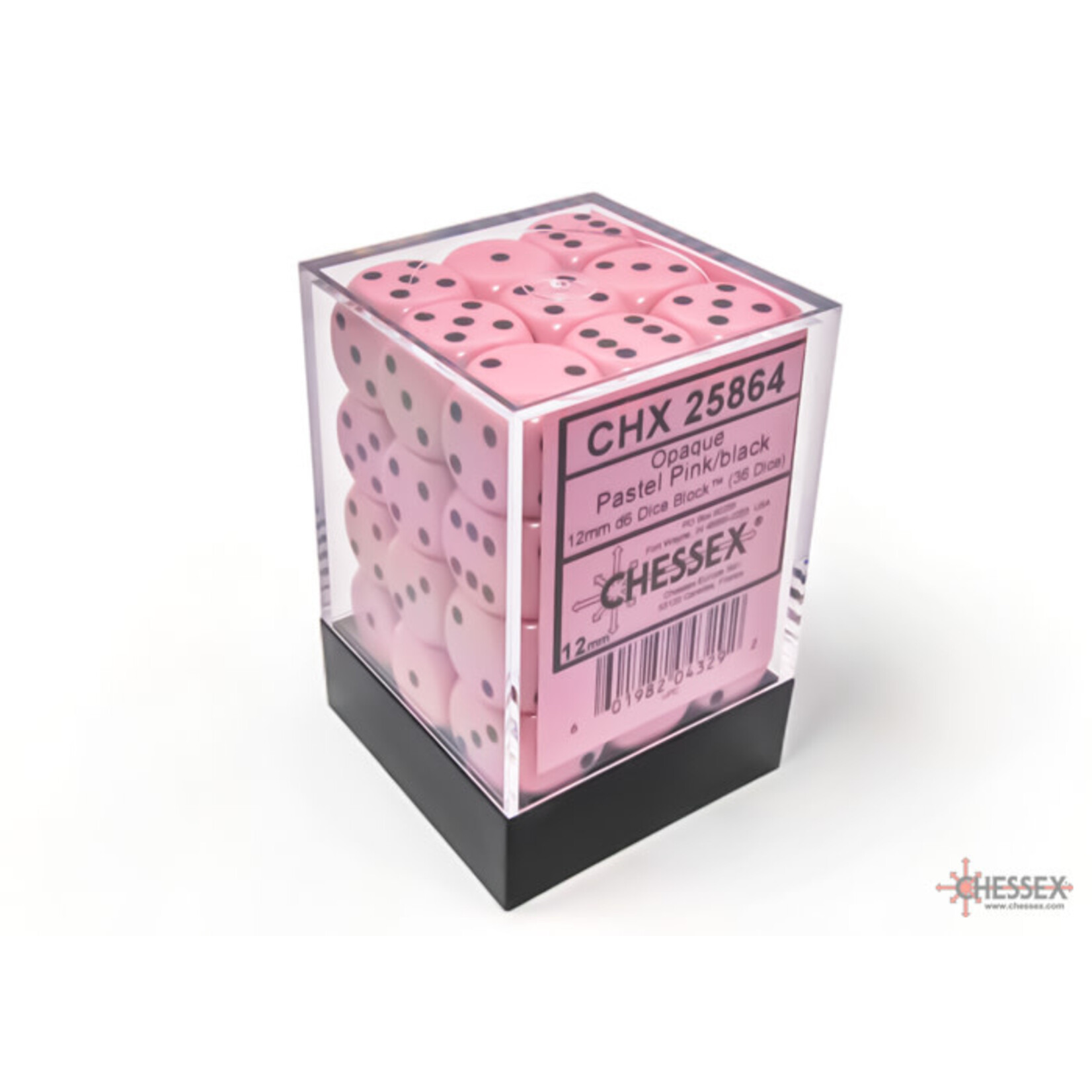 Chessex 25864 16mm 12d6 Opaque Pastel Pink/Black 36 Dice