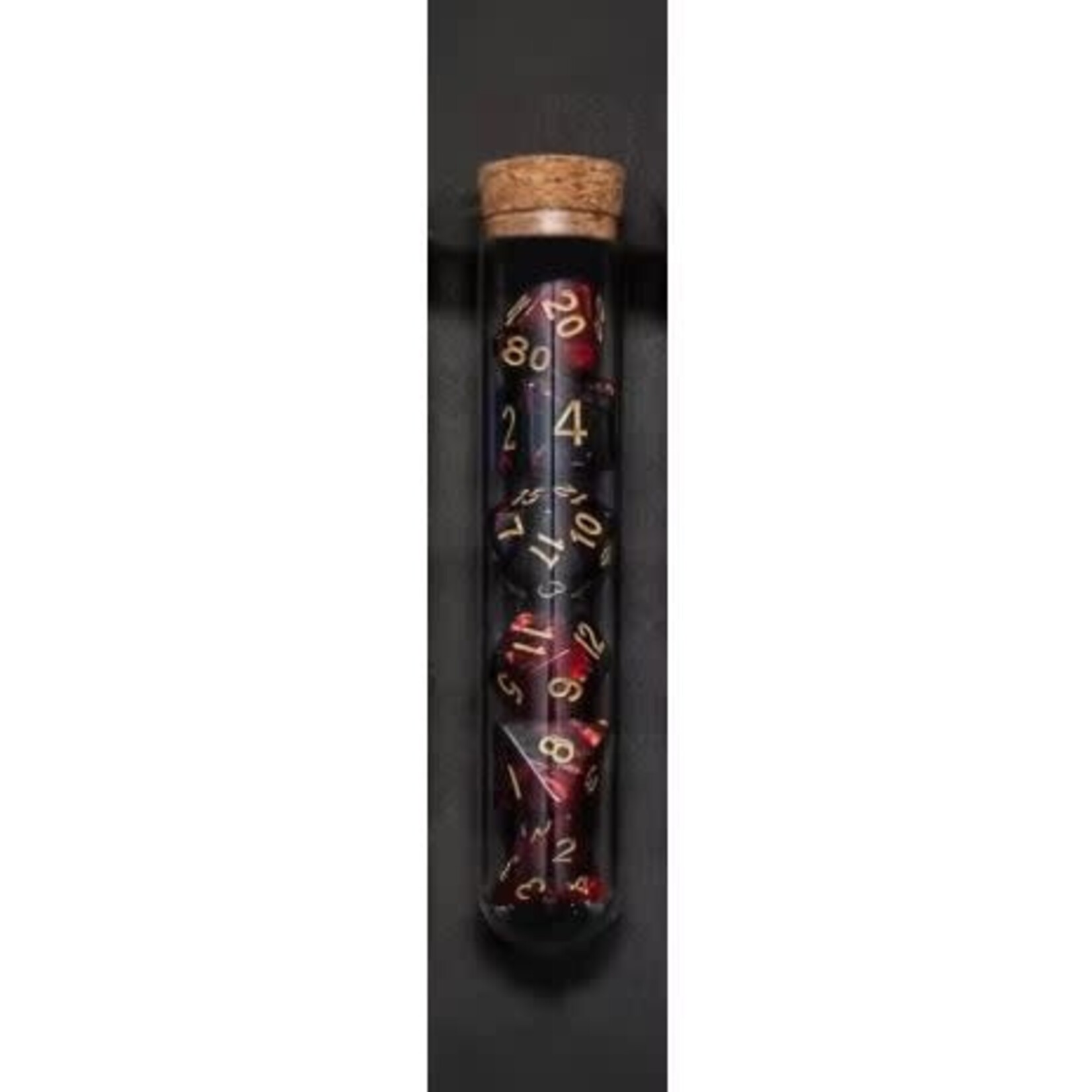 Transparent Polyhedral D&D Dice Set - 7 Die in Fantasy Potion Flask - Red/Black