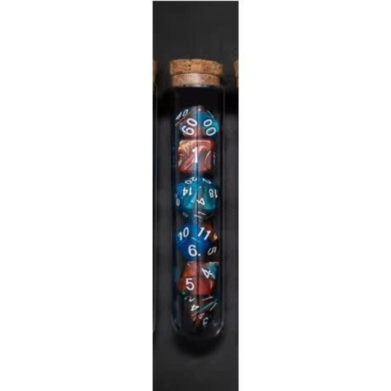 Transparent Polyhedral D&D Dice Set - 7 Die in Fantasy Potion Flask - Blue/Red