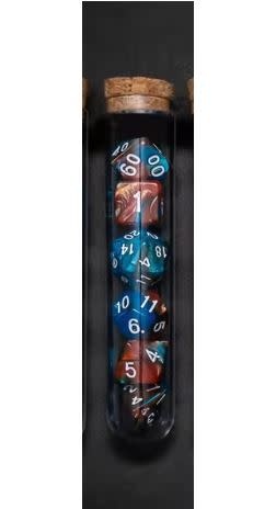 Transparent Polyhedral D&D Dice Set - 7 Die in Fantasy Potion Flask - Blue/Red