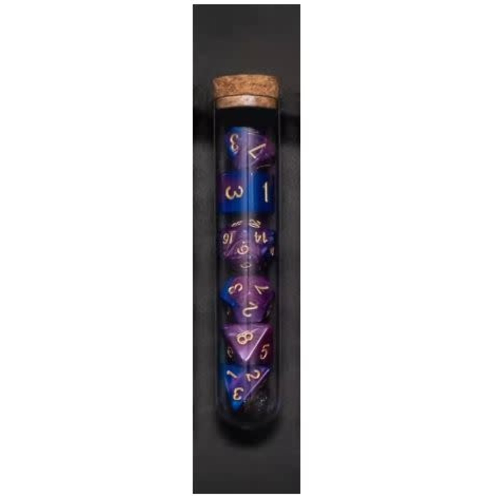 Transparent Polyhedral D&D Dice Set - 7 Die in Fantasy Potion Flask - Purple/Dark Blue