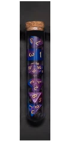 Transparent Polyhedral D&D Dice Set - 7 Die in Fantasy Potion Flask - Purple/Dark Blue